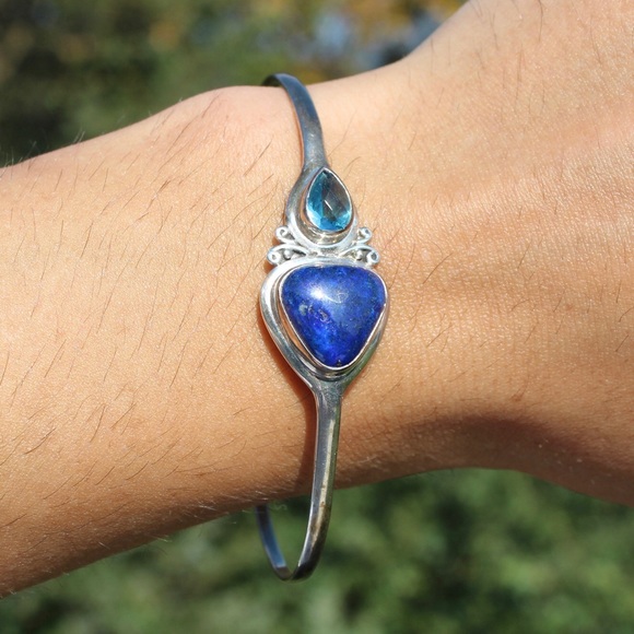 Lapis Lazuli & Blue Glass Sterling Silver Expandable Bangle Bracelet Adjustable - Picture 5 of 5